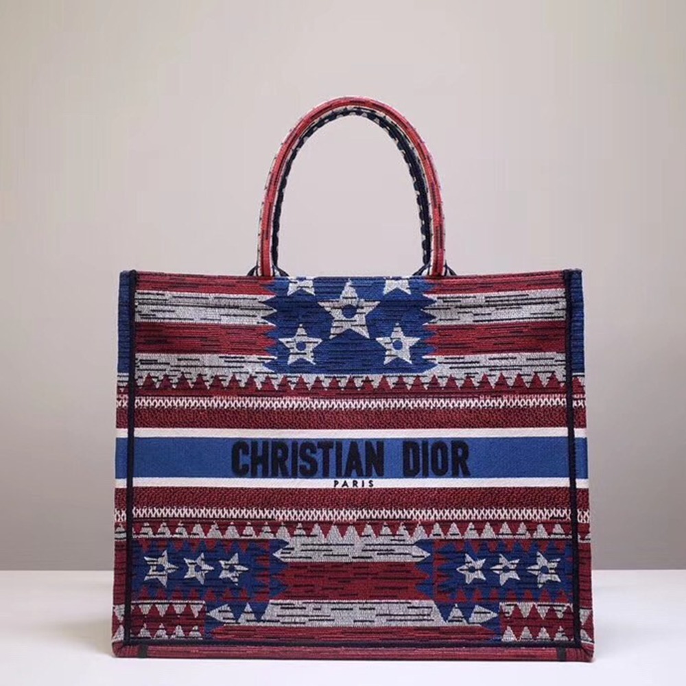 Dior Book Tote Bag In American Flag Embroidered Canvas