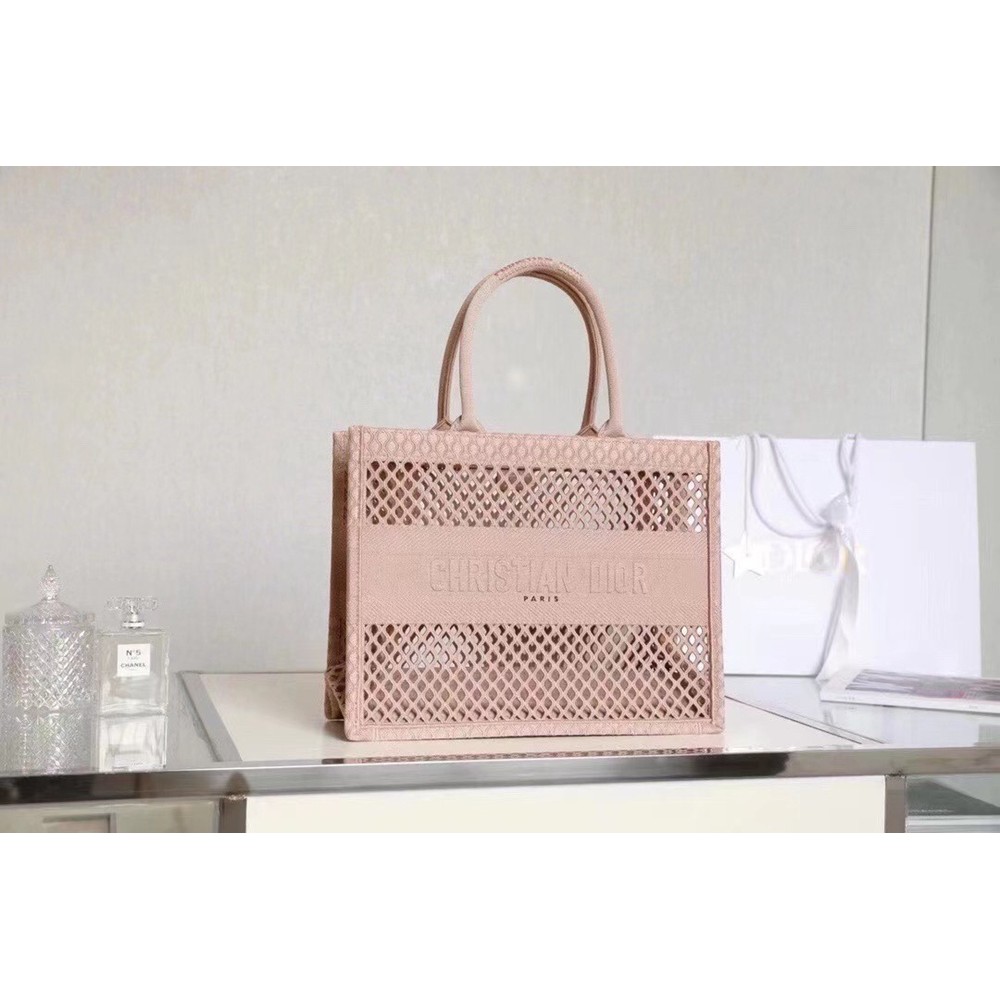 Dior Book Tote Bag In Beige Mesh Embroidery