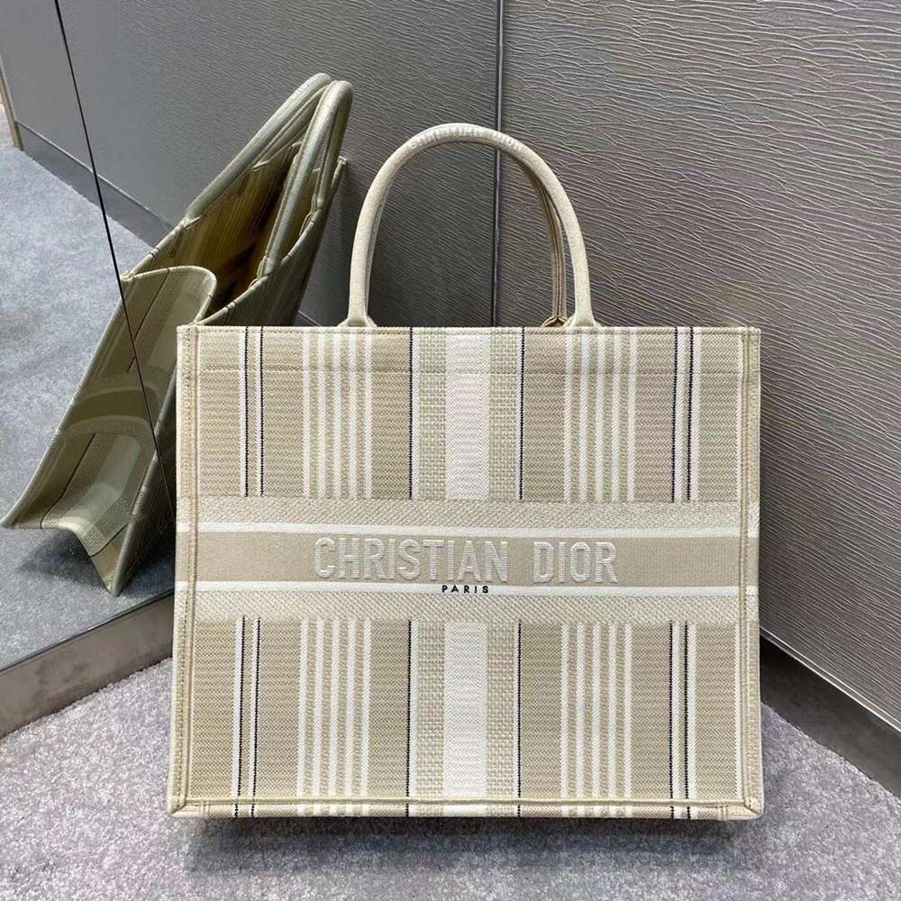 Dior Book Tote Bag In Beige Stripes Embroidery