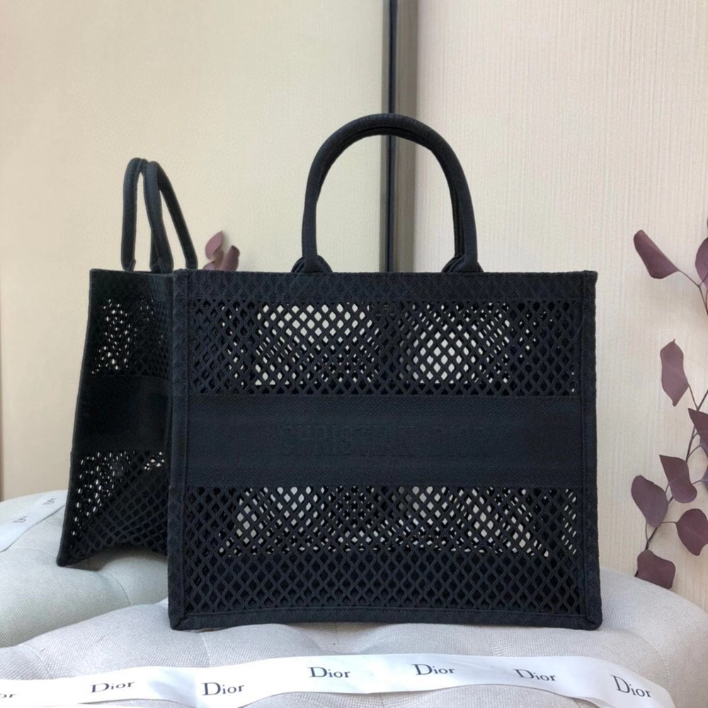 Dior Book Tote Bag In Black Mesh Embroidery