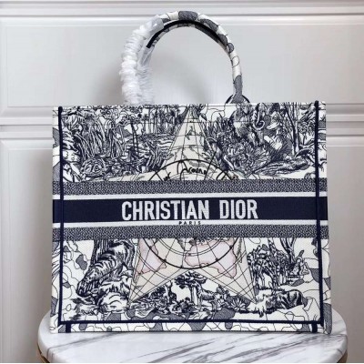 Dior Book Tote Bag In Blue Around The World Embroidered Canvas