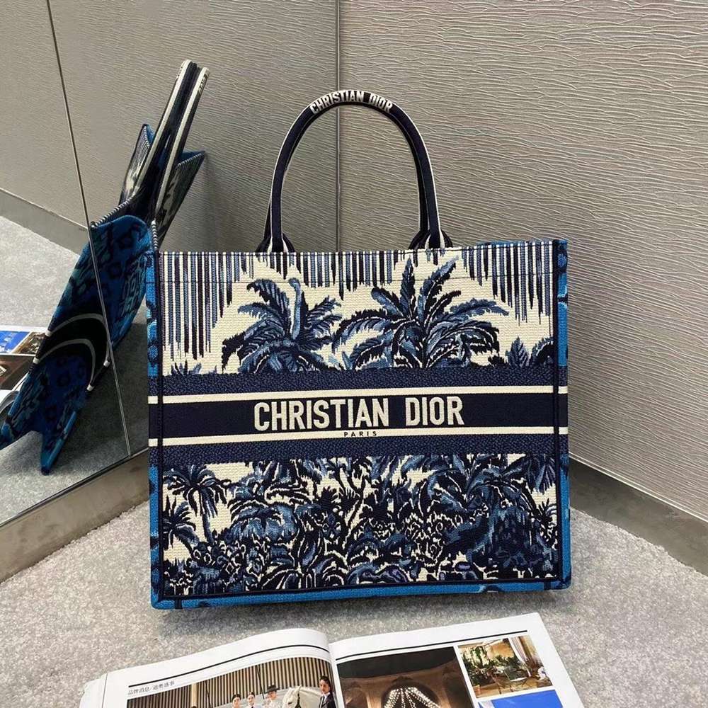 Dior Book Tote Bag In Blue Dior Palms Embroidery