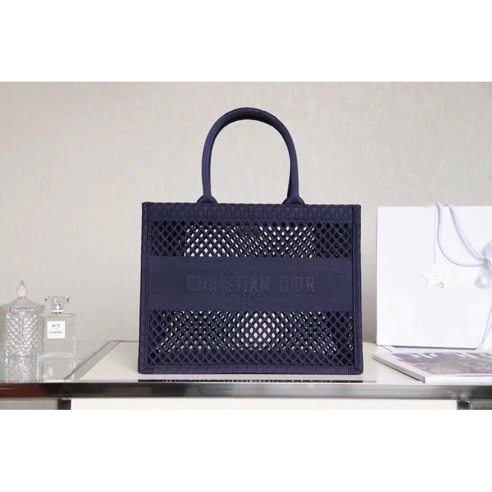 Dior Book Tote Bag In Blue Mesh Embroidery