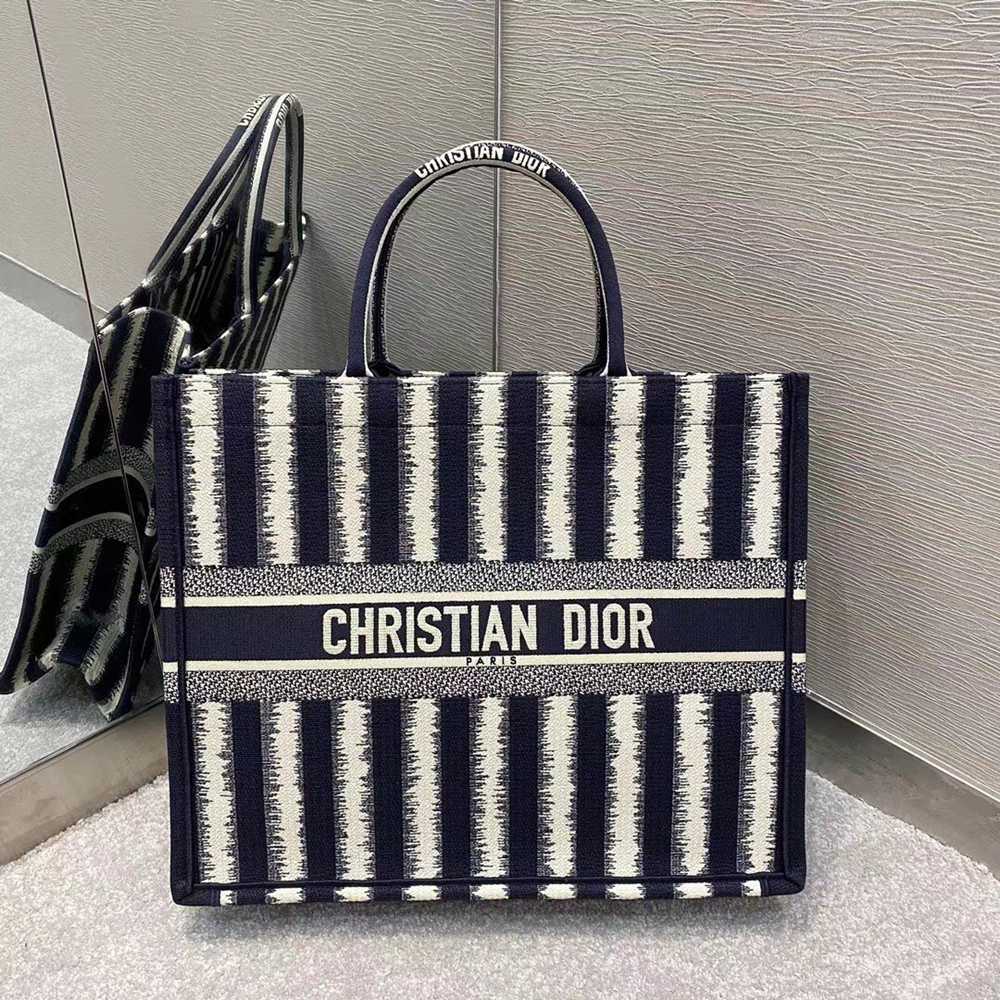 Dior Book Tote Bag In Blue Stripes Embroidery