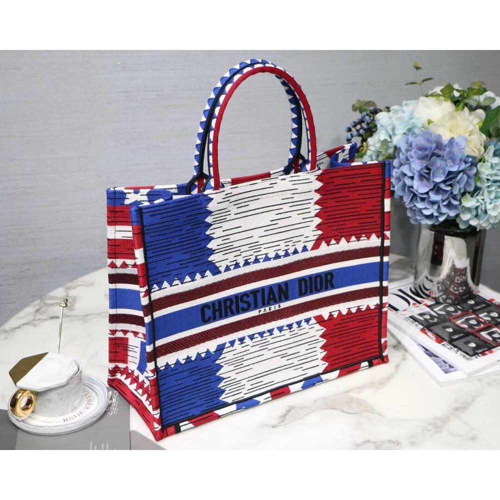 Dior Book Tote Bag In French Flag Embroidered Canvas