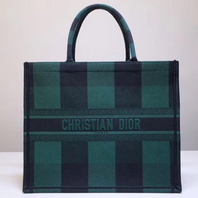 Dior Book Tote Bag In Green/Black Check Embroidered Canvas