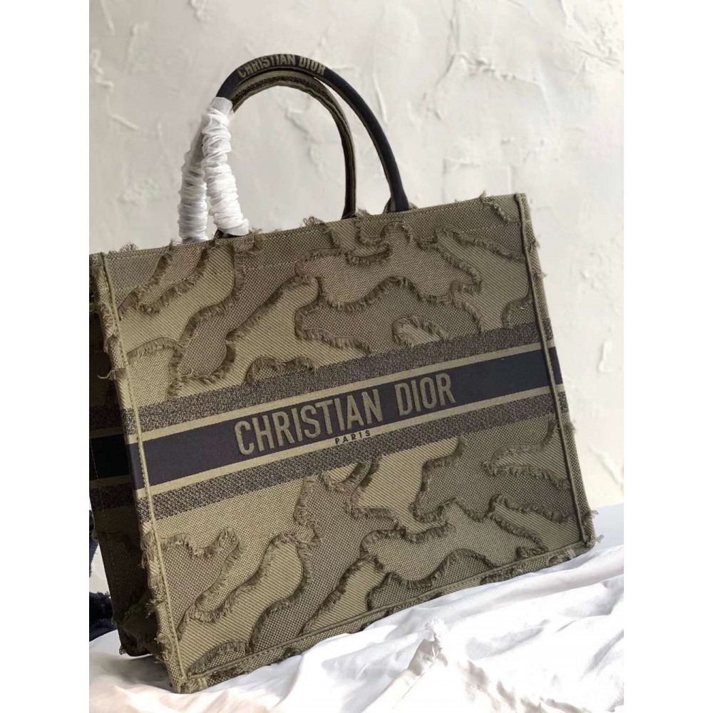 Dior Book Tote Bag In Green Camouflage Embroidered Canvas