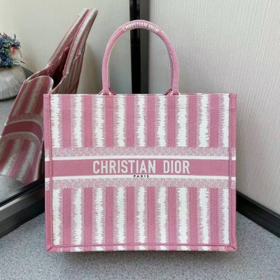 Dior Book Tote Bag In Pink D-Stripes Embroidery