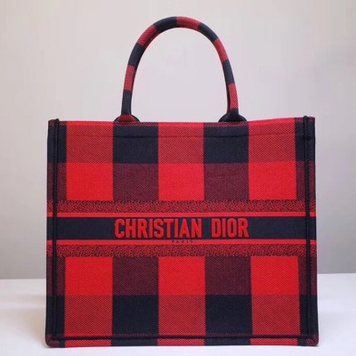 Dior Book Tote Bag In Red/Black Check Embroidered Canvas