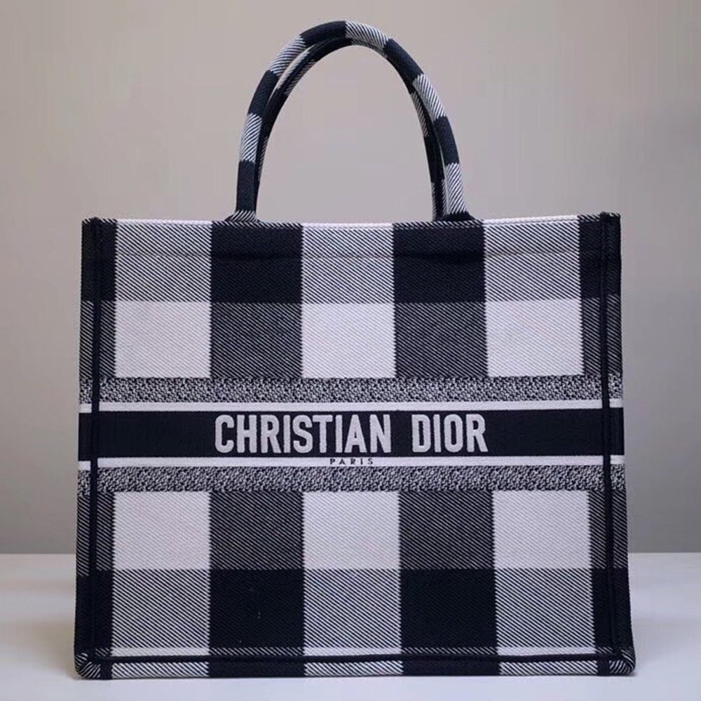 Dior Book Tote Bag In White/Black Check Embroidered Canvas