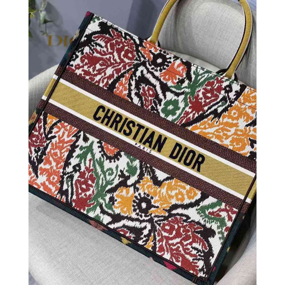 Dior Book Tote Bag In Yellow Multicolor Dior Paisley Embroidery