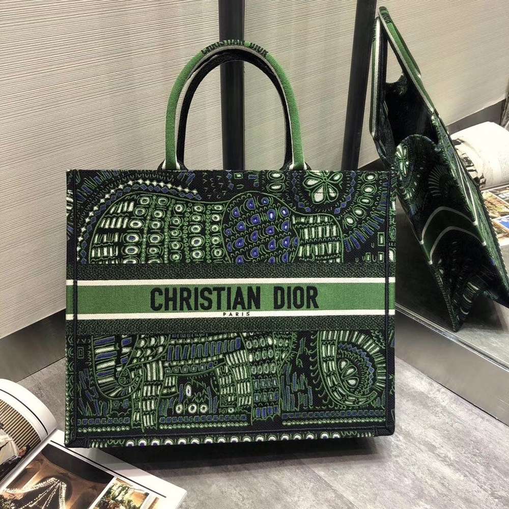 Dior Book Tote Dior Bag In Green Animals Embroidered Canvas