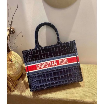 Dior Book Tote In Blue Crocodile-Effect Embroidered Velvet