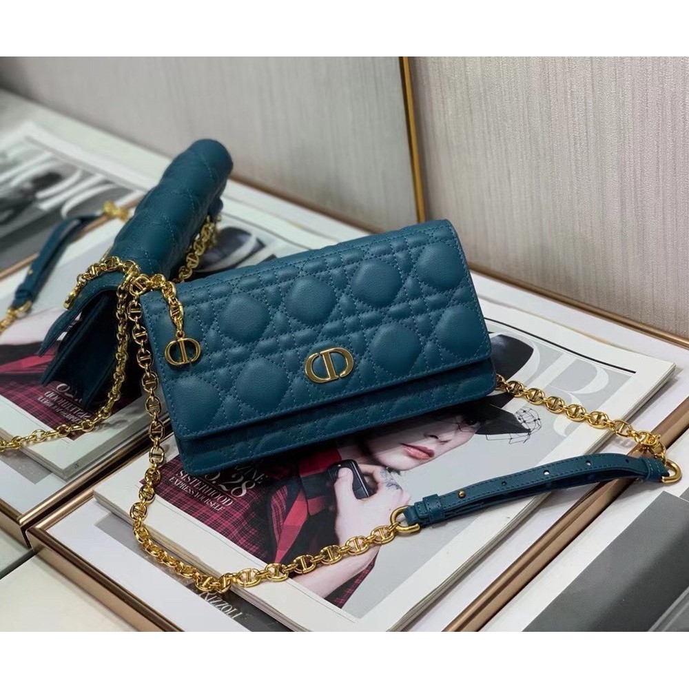 Dior Caro Belt Pouch with Chain In Steel Blue Calfskin