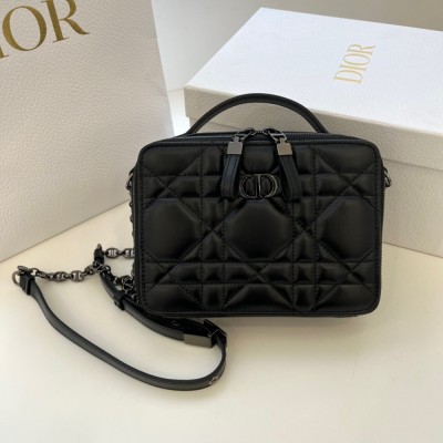 Dior Caro Box Bag with Chain in Black Macrocannage Calfskin