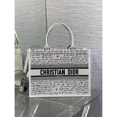 Dior Dioramour Medium Book Tote Bag with Strap in Je Vous Adore Embroidery and White Calfskin