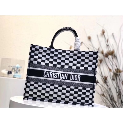 Dior Book Tote Bag In Black/White Checkered Canvas