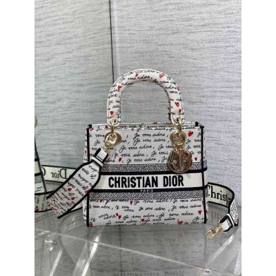 Dior Lady D-Lite Medium Bag in White and Red Je Vous Adore Motif