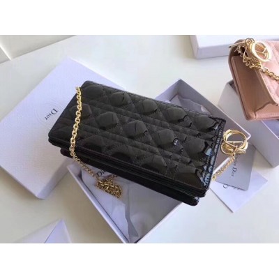 Dior Lady Dior Clutch With Chain In Black Patent