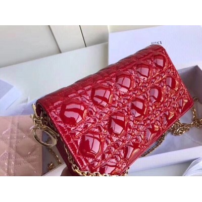 Dior Lady Dior Clutch With Chain In Red Patent Calfskin