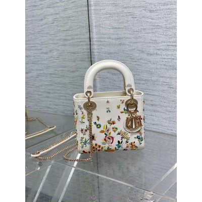 Dior Lady Dior Mini Bag in White Calfskin with Multicolor Small Flowers