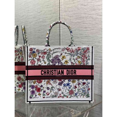 Dior Large Book Tote Bag In White Multicolor Florilegio Embroidery