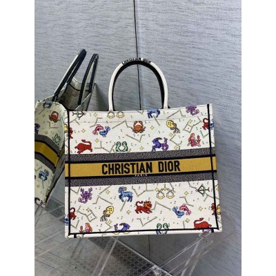 Dior Large Book Tote Bag In White Pixel Zodiac Embroidery