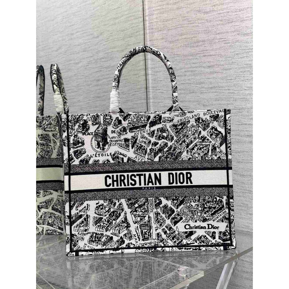 Dior Large Book Tote Bag In White Plan de Paris Embroidery