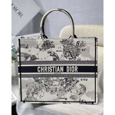 Dior Large Book Tote Bag In White Toile de Jouy Zodiac Embroidery