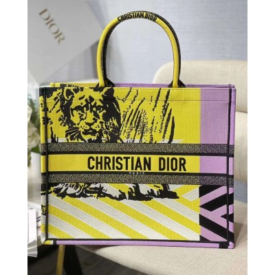 Dior Large Book Tote Bag In Yellow D-Jungle Pop Embroidery