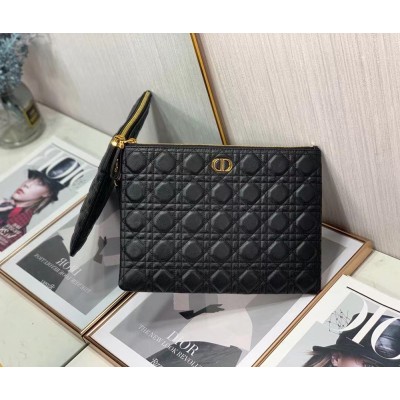 Dior Large Caro Daily Pouch In Black Calfskin