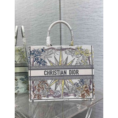 Dior Large Dior Book Tote In White Multicolor Rêve d'Infini Embroidery