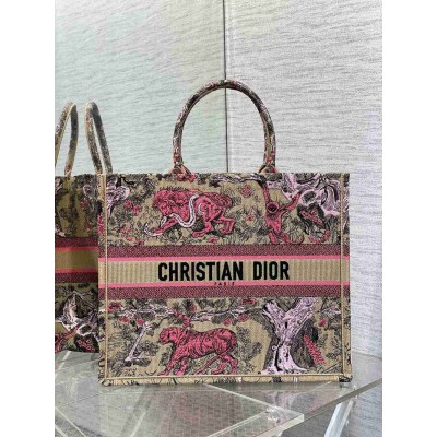 Dior Large Dioriviera Book Tote in Raffia with Pink Toile de Jouy Sauvage Embroidery