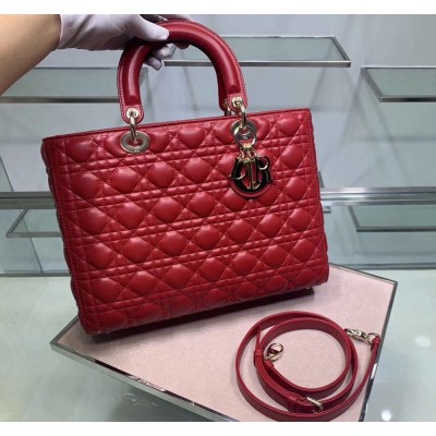 Dior Large Lady Dior Bag In Red Cannage Lambskin