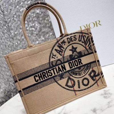 Dior Medium Book Tote Bag In Beige Jute Canvas with Dior Union Motif