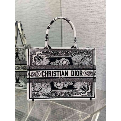 Dior Medium Book Tote Bag in Black and White Butterfly Bandana Embroidery