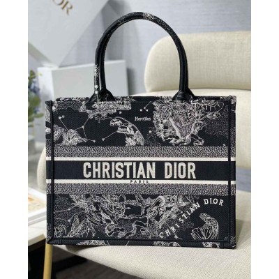 Dior Medium Book Tote Bag In Black Toile de Jouy Zodiac Embroidery CDBS24207