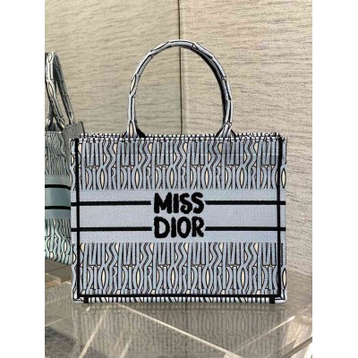 Dior Medium Book Tote Bag in Blue Miss Dior Allover Embroidery