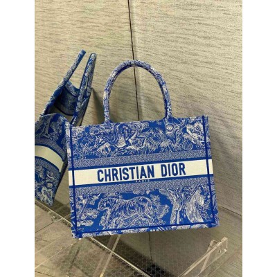 Dior Medium Book Tote Bag In Fluorescent Blue Toile de Jouy Reverse Embroidery