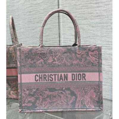 Dior Medium Book Tote Bag in Grey and Pink Toile de Jouy Reverse Embroidery