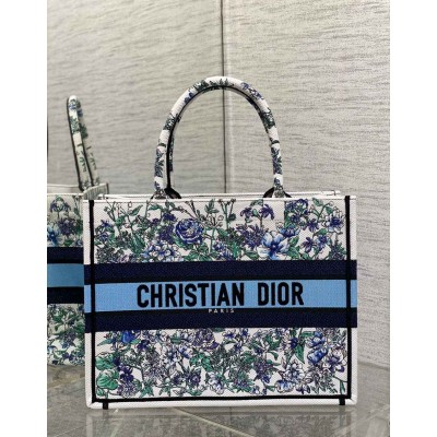 Dior Medium Book Tote Bag In Multicolor Flowers Constellation Embroidery