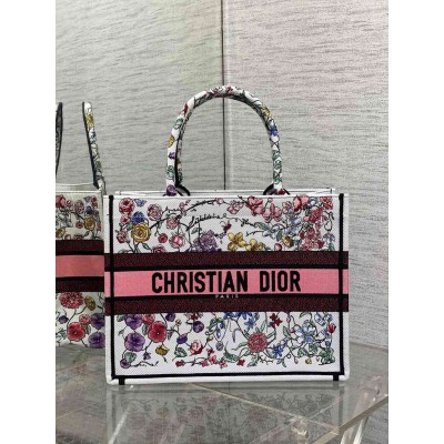 Dior Medium Book Tote Bag In White Multicolor Florilegio Embroidery