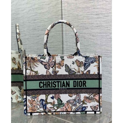 Dior Medium Book Tote Bag in White Toile de Jouy Mexico Embroidery