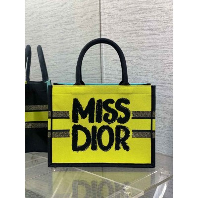 Dior Medium Book Tote Bag in Yellow and Blue Miss Dior Graffiti Embroidery