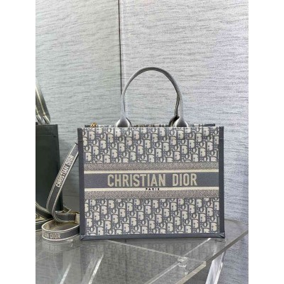 Dior Medium Book Tote Bag with Strap in Oblique Embroidery and Grey Calfskin