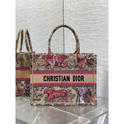 Dior Medium Dioriviera Book Tote in Raffia with Pink Toile de Jouy Sauvage Embroidery CDBS24266