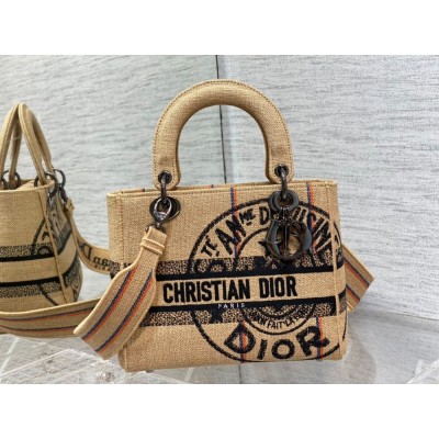 Dior Medium Lady D-Lite Bag In Beige Jute Canvas with Dior Union Motif