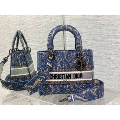 Dior Medium Lady D-Lite Bag In Blue Brocart Denim-Effect Embroidery