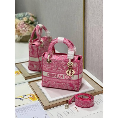 Dior Medium Lady D-Lite Bag In Fluorescent Pink Toile de Jouy Reverse Embroidery