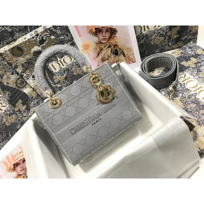 Dior Medium Lady D-Lite Bag In Gray Cannage Embroidery